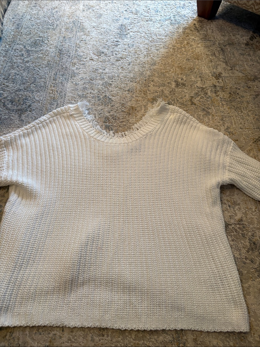 525 America White Frayed V-Neck Sweater